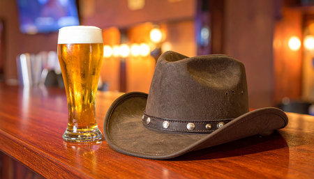 A glass of beer and a cowboy hat on a table in a pubの素材