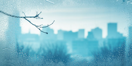 abstract winter background with frozen window and city view, panoramaの素材