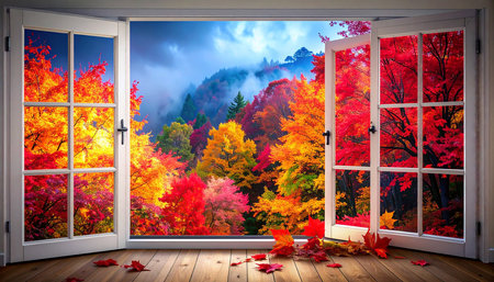 Beautiful view from the window to the foggy autumn landscape.の素材