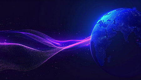 Abstract digital globe with glowing particles on dark background. Vector illustration.の素材