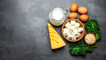 Dairy products on stone table. Milk, cheese, eggs, kale. Top view with copy spaceの素材
