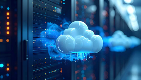 Cloud computing concept. 3d rendering toned image double exposure.の素材