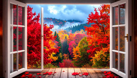 View from the window to the autumn landscape with colorful trees and fogの素材