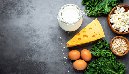 Foods high in calcium. Milk, cheese, eggs, kale. Top view with copy spaceの素材