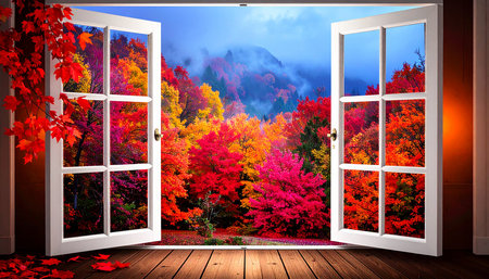 Open door with view of autumn forest and foggy mountains. 3D renderingの素材