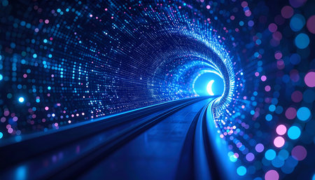 3d illustration of abstract digital tunnel with glowing lines and bokehの素材