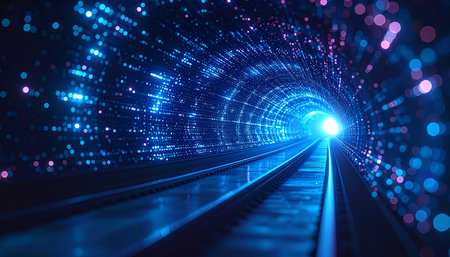 3d illustration of futuristic tunnel with blue glowing lights and moving trainの素材