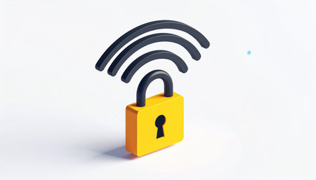 3d rendering of a yellow lock with a wifi signal on a white backgroundの素材
