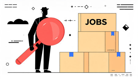 Vector illustration of man with magnifying glass and boxes. Logistics and delivery concept.の素材