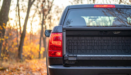 Rear view of a black suv car in the autumn forestの素材
