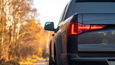 Car on the road in autumn. Rear view of black car.の素材