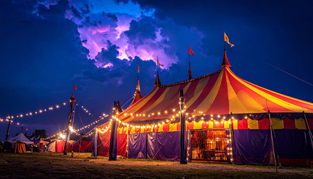 Beautiful circus tent at night time with sky and clouds background.の素材