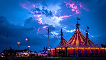 Circus tent at night time with colorful sky and clouds background.の素材