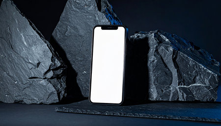 Smartphone with white blank screen on black stone background. Mock upの素材