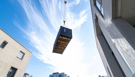 Crane lifting container on blue sky background. Cargo freight transportation.の素材