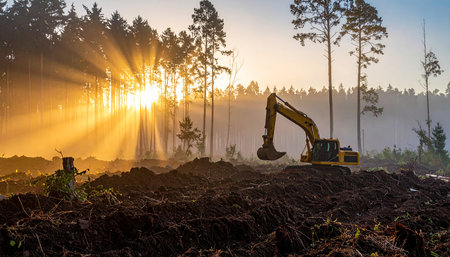 Silhouette of excavator working in the field at sunrise.の素材