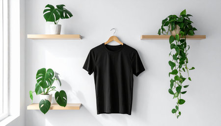 Black t-shirt hanging on wooden shelf in room. Mock up, 3D Renderingの素材