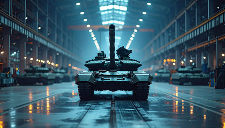 3D rendering of a heavy tank in a warehouse at night.の素材