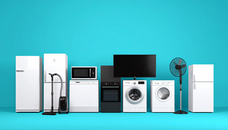 Laundry room with household appliances 3d render on blue backgroundの素材