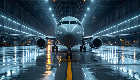 Airplane in the airport at night. 3d rendering image.の素材