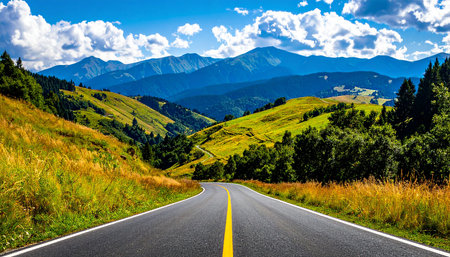 Highway in the mountains. Summer landscape. Carpathians, Ukraine, Europeの素材