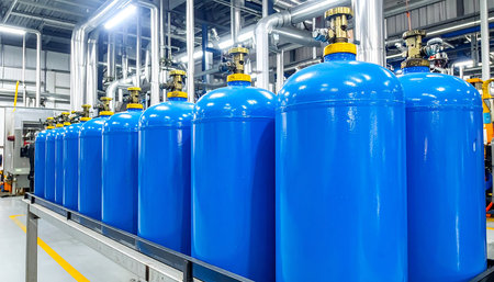 Industrial gas cylinder tank in the factory. Industrial gas cylinder tankの素材