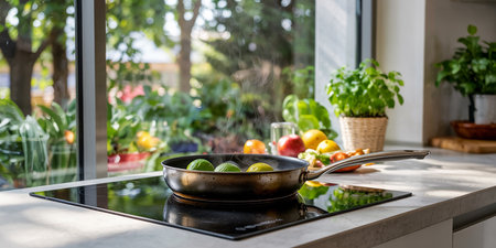 Frying pan with lemons on a gas stove in the kitchenの素材