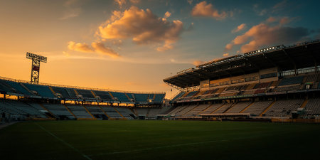Sunset on the stadium with green grass and blue cloudy sky.の素材