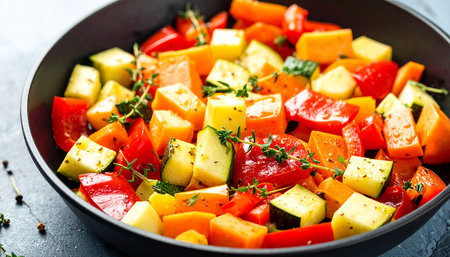 Vegetable salad with bell pepper, tomato, zucchini and thymeの素材