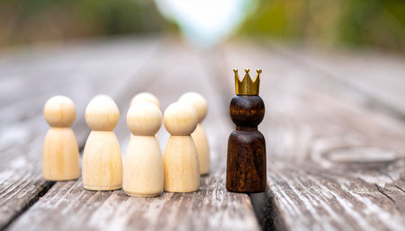 Wooden figures of people and a golden crown on a wooden backgroundの素材