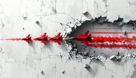 Dark cracked broken wall with red jet trail. 3d render illustrationの素材