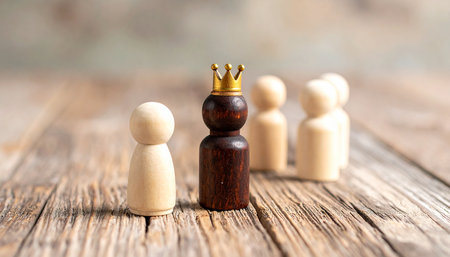 Wooden figures of people with crown on grey wooden table, closeupの素材