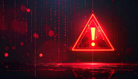 Red warning sign on a dark background with binary code. Vector illustration.の素材