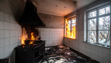 Burning fire in the kitchen of a private house in Russia.の素材