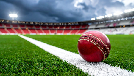 Cricket ball on the field with white line and stadium backgroundの素材