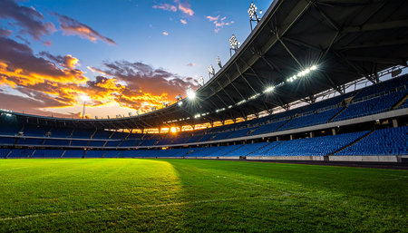 Empty soccer stadium with blue sky and green grass field at sunset.の素材