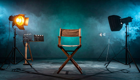 Empty movie studio with lighting equipment and chair on dark background. Movie conceptの素材