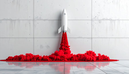 Red rocket on the white wall background. 3d render image.の素材