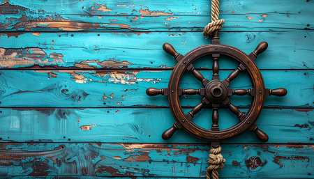 ship steering wheel on a blue wooden background. tinting. selective focusの素材
