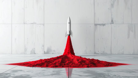 Rocket start up in red powder, 3d rendering. Computer digital drawing.の素材