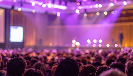 Crowd of people in front of stage blurred lights bokeh backgroundの素材