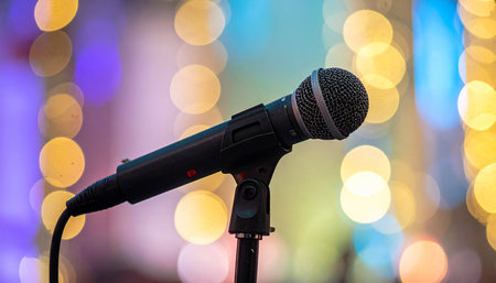 Microphone on stage in a nightclub with bokeh background.の素材