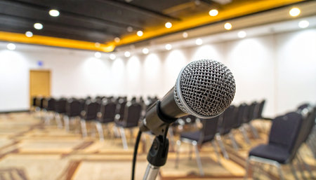 Microphone in conference hall or seminar room with attendee background.の素材