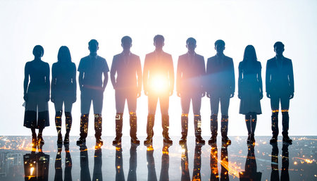 Business people shaking hands in office building with reflection on glass window. Double exposureの素材