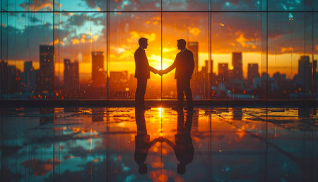 Double exposure of two business people shaking hands in the office with sunsetの素材