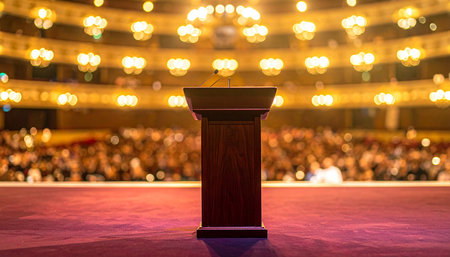 Speaker Podium with Microphones at Business Conference and Presentationの素材