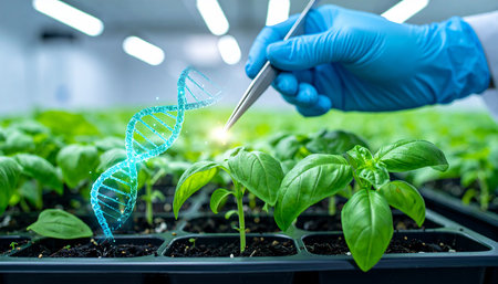 Biotechnology and biotechnology concept. Scientist hand holding tweezers and examining seedlings of green basil in greenhouseの素材