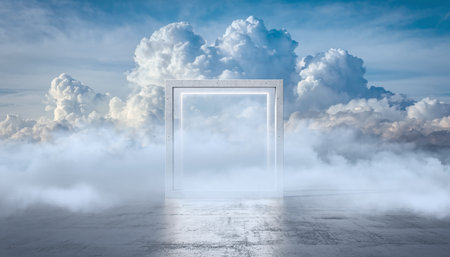 A glowing square frame floats in a misty sky filled with clouds above a reflective concrete floor.の素材