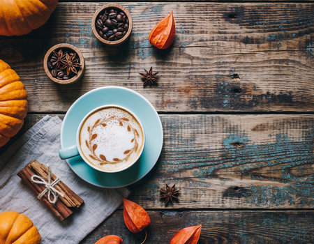 Beverage showing top down view of autumn coffee with latte art pumpkins and cinnamon on wood keywords:...の素材