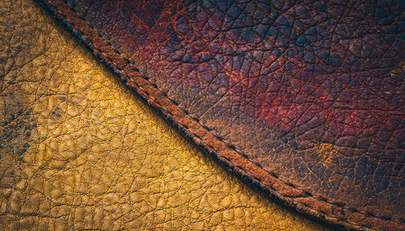 Textile showing close up of stitched weathered brown and gold leather texture with cracks keywords: leather,...の素材